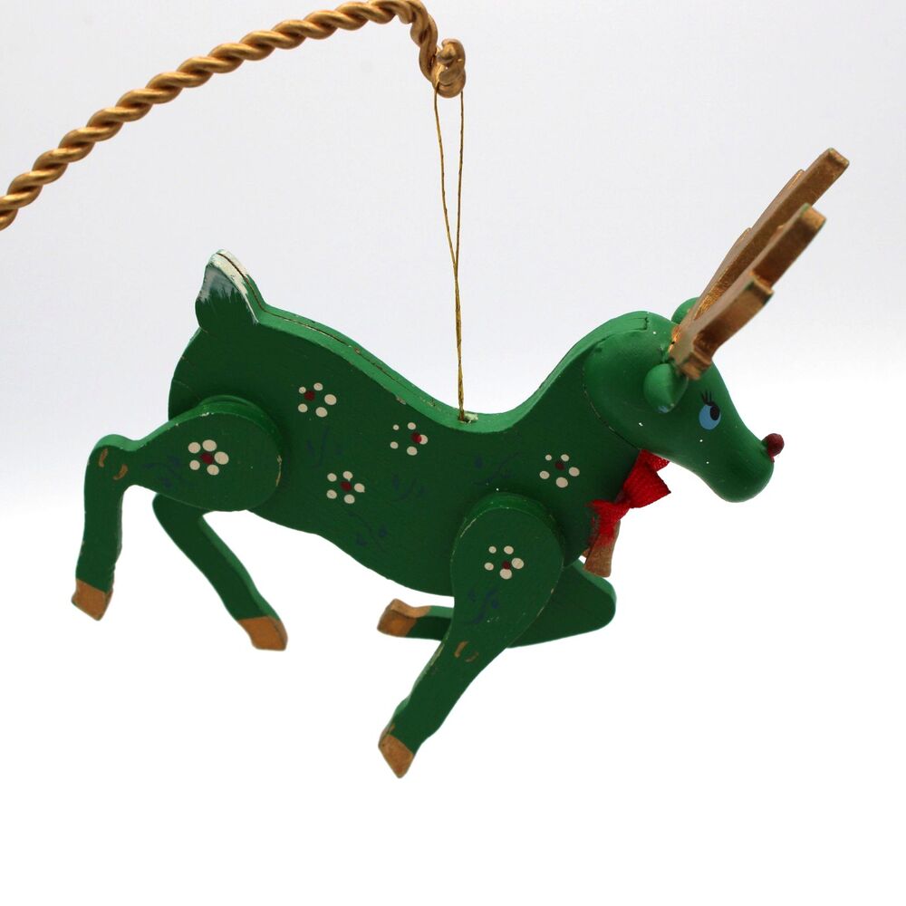 Vintage Green Red Nose reindeer wooden Christmas ornament Flowers Green